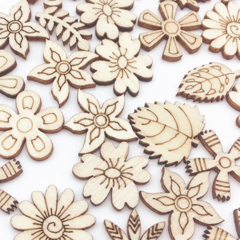 YOLUFER 300 Pcs Wooden Embellishments Mixed Flower Leaf Pattern Wooden Scrapbooking DIY Handmade Crafts Children DIY Graffiti Home Decor - Image 5